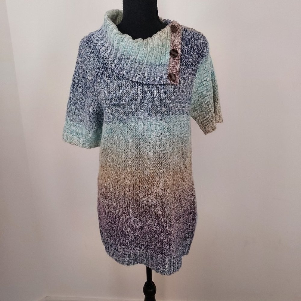 Lauren Michelle Wool Blend Asym Button Cowl Neck Short Sleeve Sweater